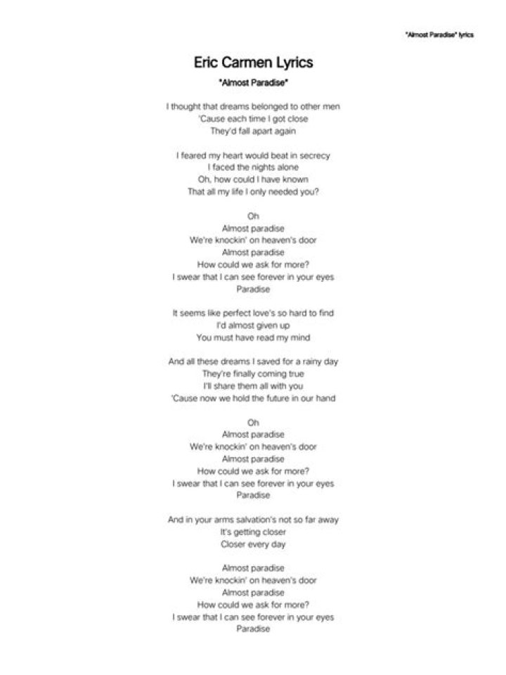 Eric Carmen - Almost Paradise Lyrics Meaning