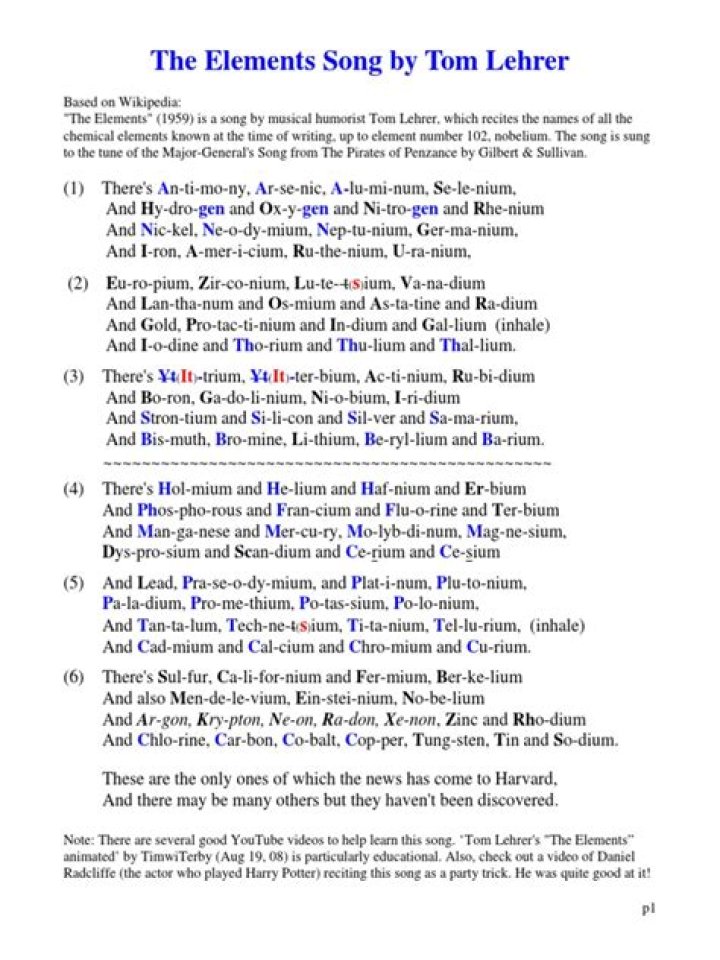 Tom Lehrer - The Elements Song Lyrics Meaning