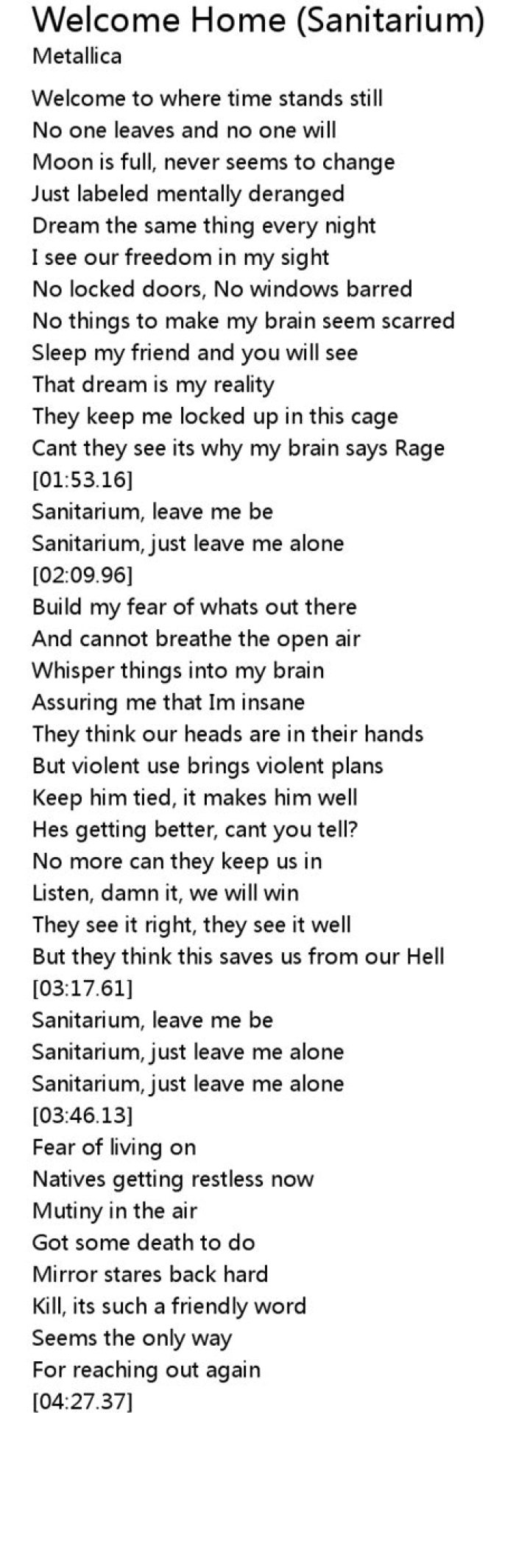 Welcome Home (Sanitarium) Lyrics Meaning